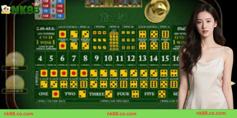 Ba viên xúc xắc Sicbo được hiển thị rõ ràng tại NK88