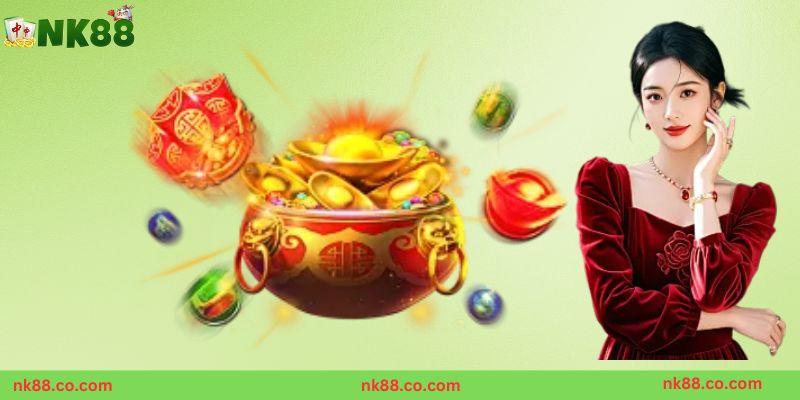 Giao diện vòng quay slot trong game Nổ hũ NK88 với hiệu ứng sắc nét